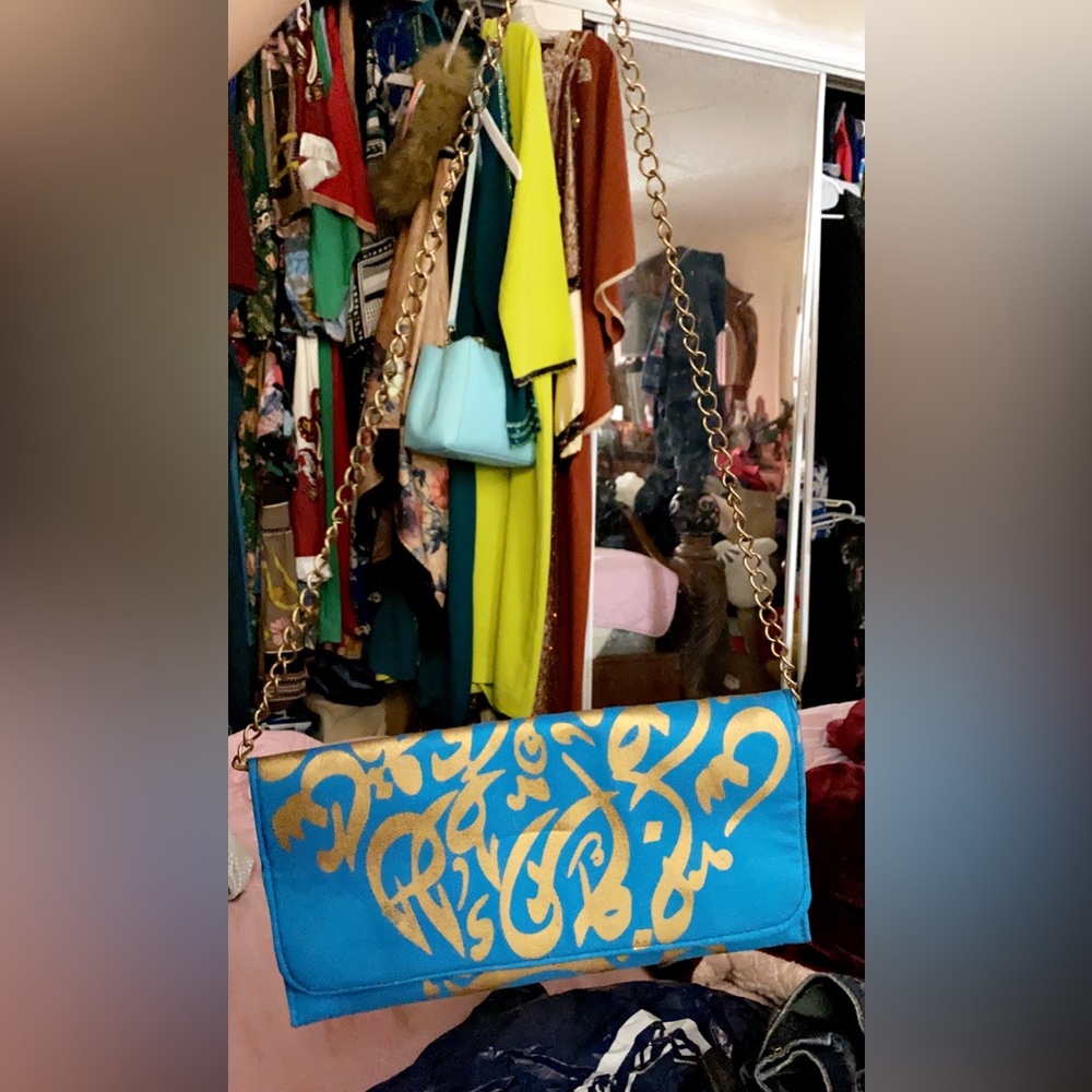 Arabic Calligraphy Clutch & Croosbody Blue & Gold 12 … Gem